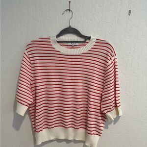Madewell Red and Cream Striped Short-Sleeve Knit Sweater XL